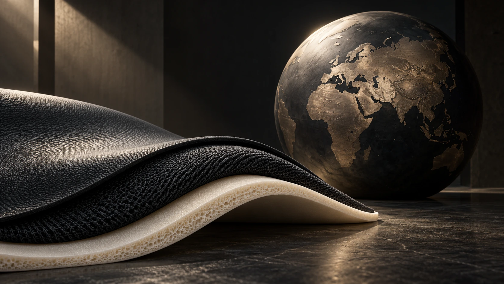 Sculpted layers of footwear material beside a globe in a dark studio.